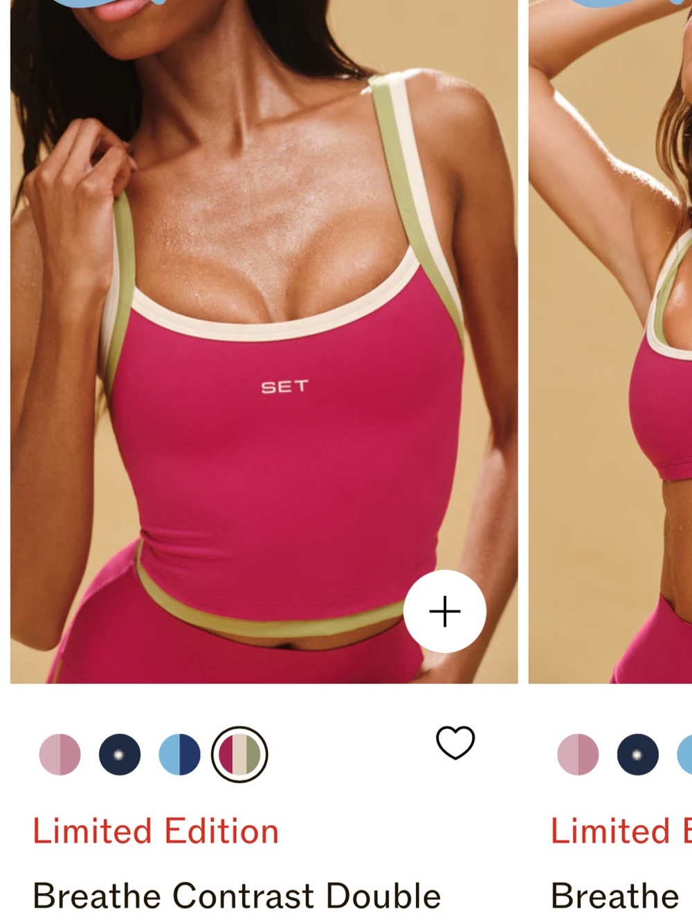 SET Active Contrast Double-Strap Crop Tank in Pink with Cream & Olive